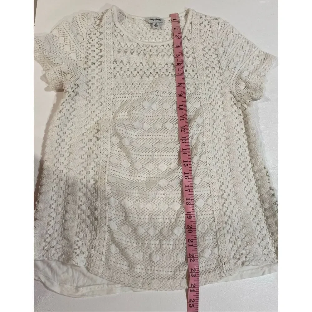 Lucky Brand Crochet Lace Top Medium Boho Ivory Short Sleeve Blouse